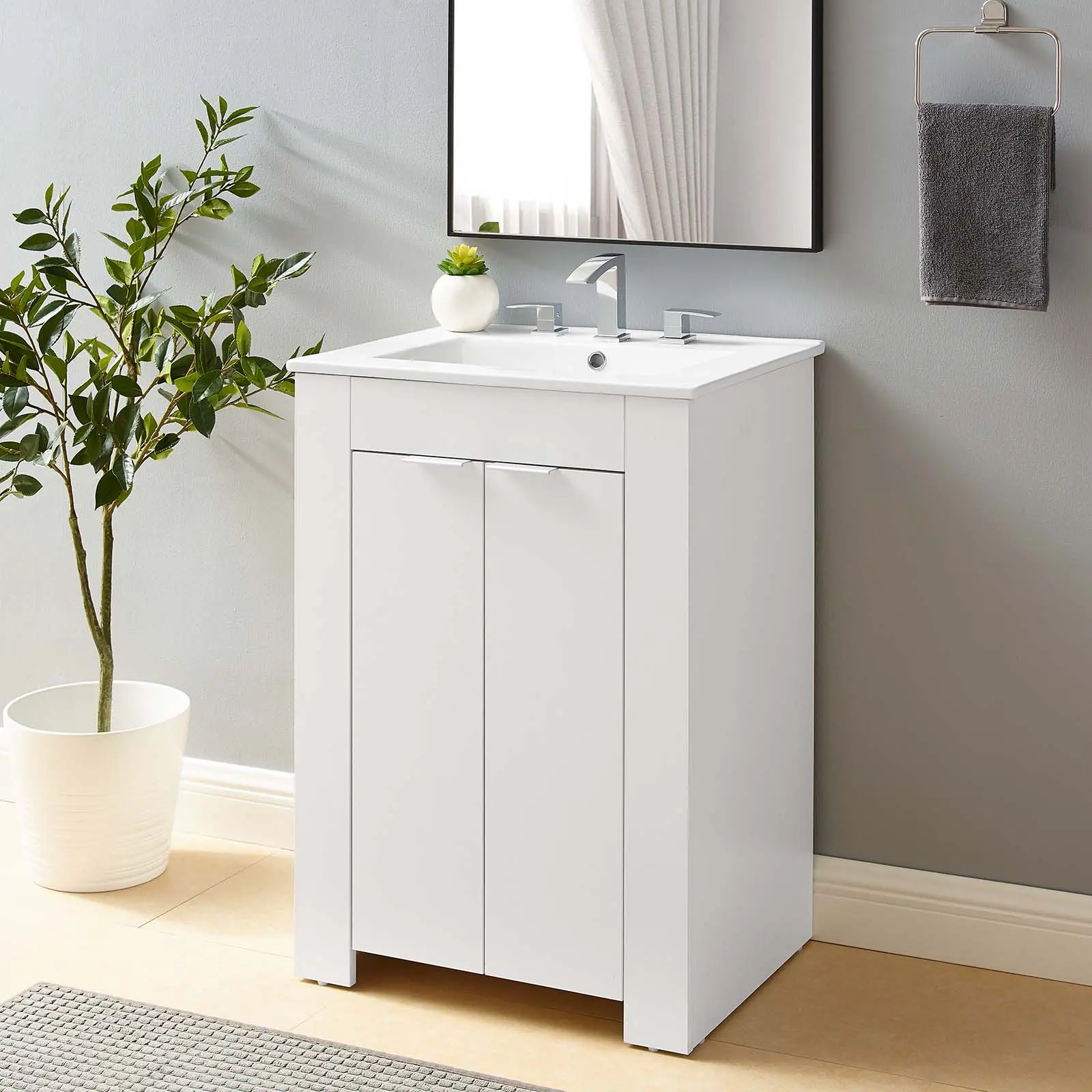 Modway Maybelle 24" Modern Bathroom Vanity, White Bathroom Fixture Set with Storage Cabinet
