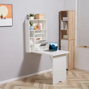 White Wall Mounted Fold-Out Convertible Floating Desk with Storage Shelf - Multi-Function Office Furniture for Home Office, Small Rooms, Dorms