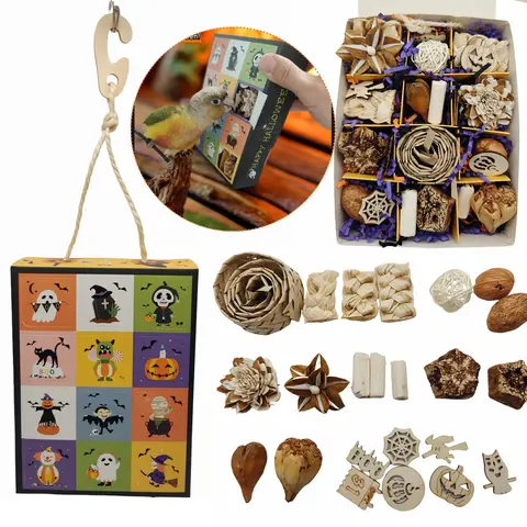 GoWitPaws Halloween 12-Grid Bird Foraging Box - Interactive Treat Toy with Sola Flowers, Wood Blocks, Rattan, Leaf Chews, Edible Nuts, Hanging Hook, Dental Health Support & Versatile Play Options