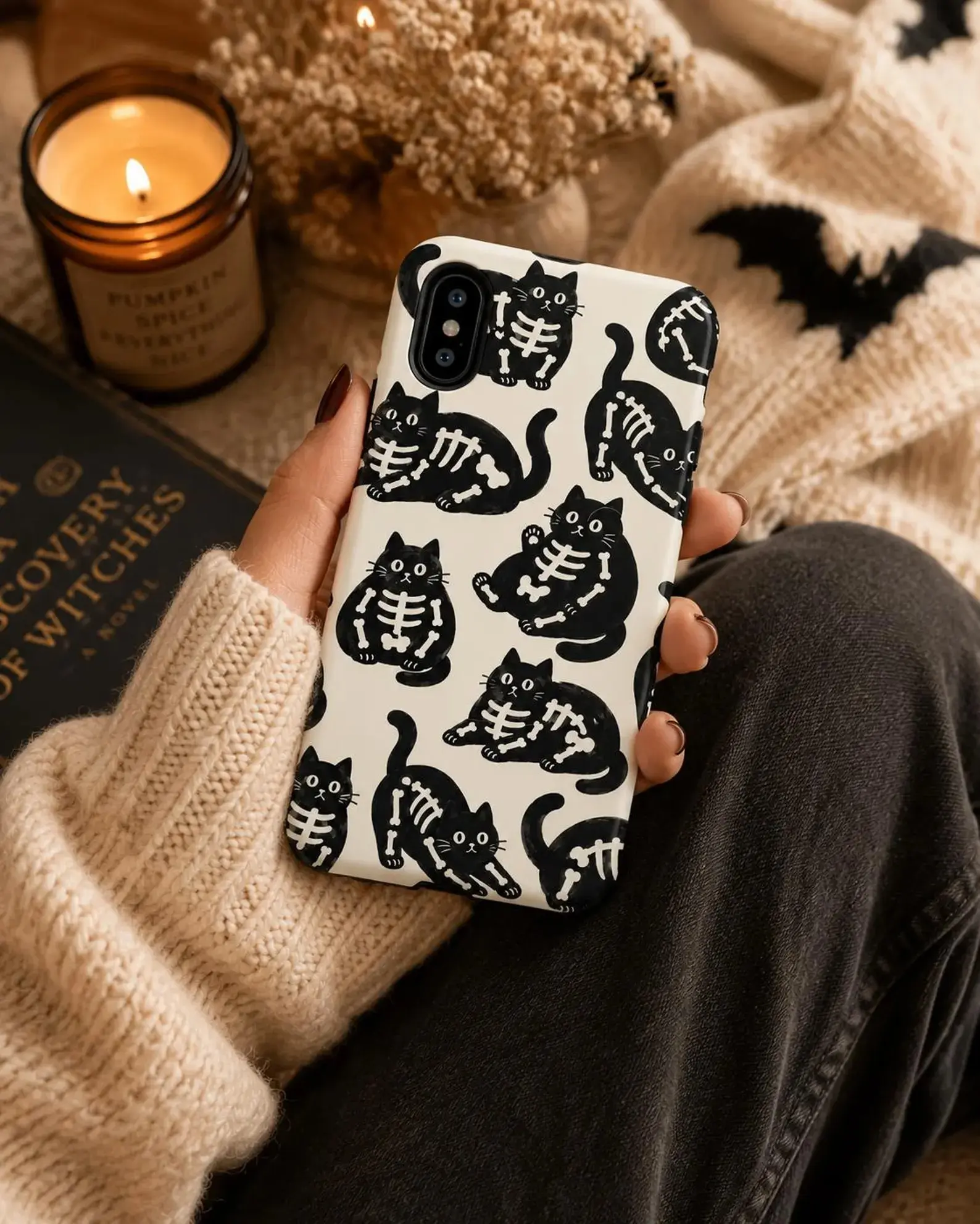 Skeleton Black Cat Phone Case, Halloween Cat Tough Case - MagSafe Tough Case for iPhone 12–17 Series, Spooky Cat Lover Gift
