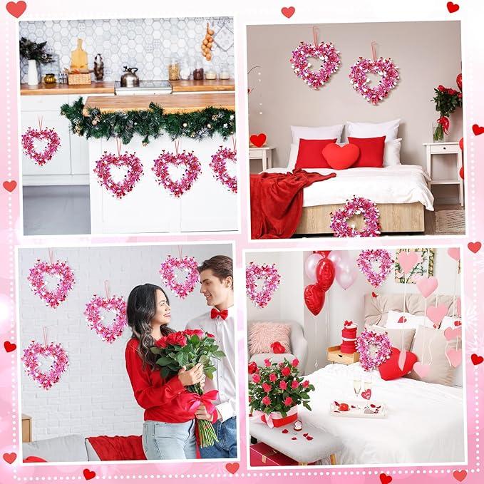 Valentine's Day Heart Wreath 8/6/3 Pcs Red Pink Tinsel Heart Shaped Hanger Wreath for Front Door Window Wall Mantle Kitchen Cabinet Romantic Atmosphere Valentines Decor Wedding Decorations Anniversary Birthday Party Spring Indoor Outdoor Home Decor