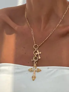 Gold Multi-Cross Pendant Chain Link Necklace with Rhinestones | Vintage & Religious Accessory for Daily, Church & Retro Event Looks