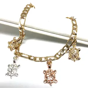 Gold Plated Tri-Color Turtle Charm Bracelet 8”
