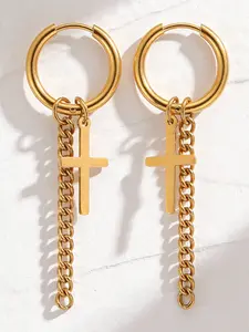 Cross Chain Huggie Hoop Earrings, Minimal Religious Pendant, Long Dangle Ear Cuffs, Fashionable Jewelry for Women