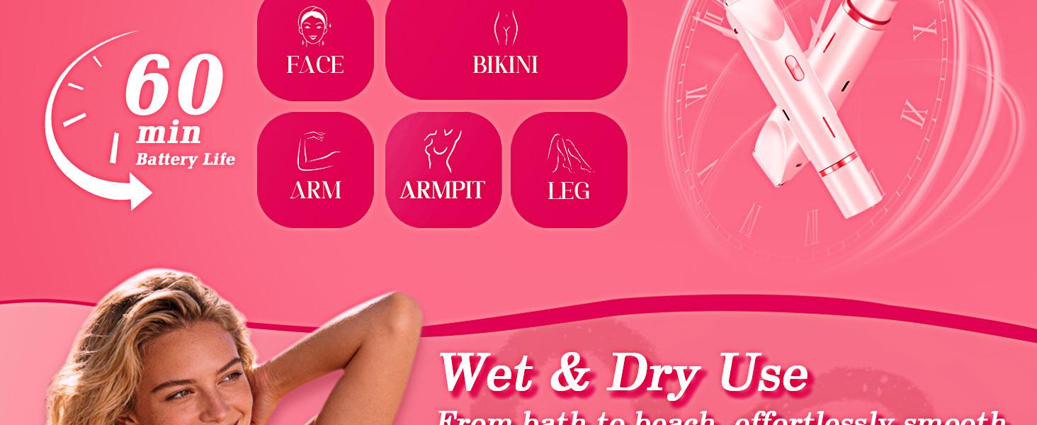 Bikini Trimmer for Women, Electric Shaver and Razor Rechargeable 2-in-1 Body and Facial Epilator, Dual Heads for Painless Trimming of Pubic Hair, Face, Underarms and Legs, Summer Gift dual-head