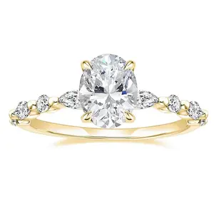 Oval Cut 3ct Cubic Zirconia Engagement Ring 14K Gold Plated Side Stones Promise Wedding Ring for Her Hypoallergenic Pear-shaped Stones