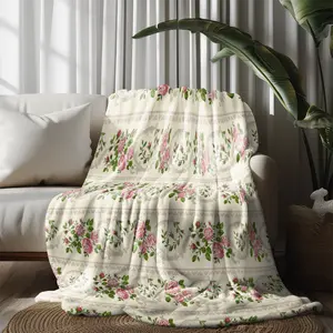 2 Pack Cream Base Shabby Chic Rose Print Blanket, 60"x80" Soft Cozy Vintage Floral Throw Blanket, Lightweight Flannel Blanket for Couch, Bed, Office