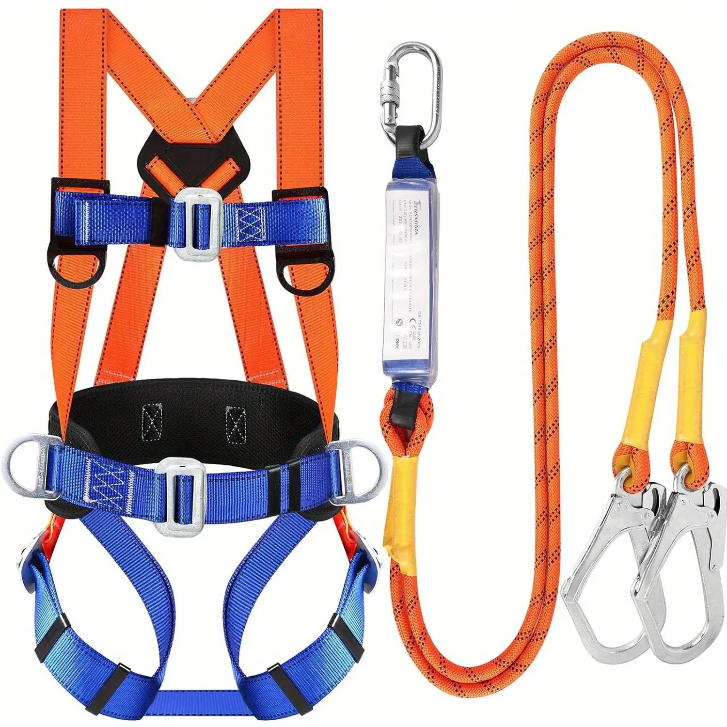 Professional Construction Safety Harness, Full Body Kit with Shock-Absorbing Lanyard and Padded Waist Support for Roofing, Construction Harness
