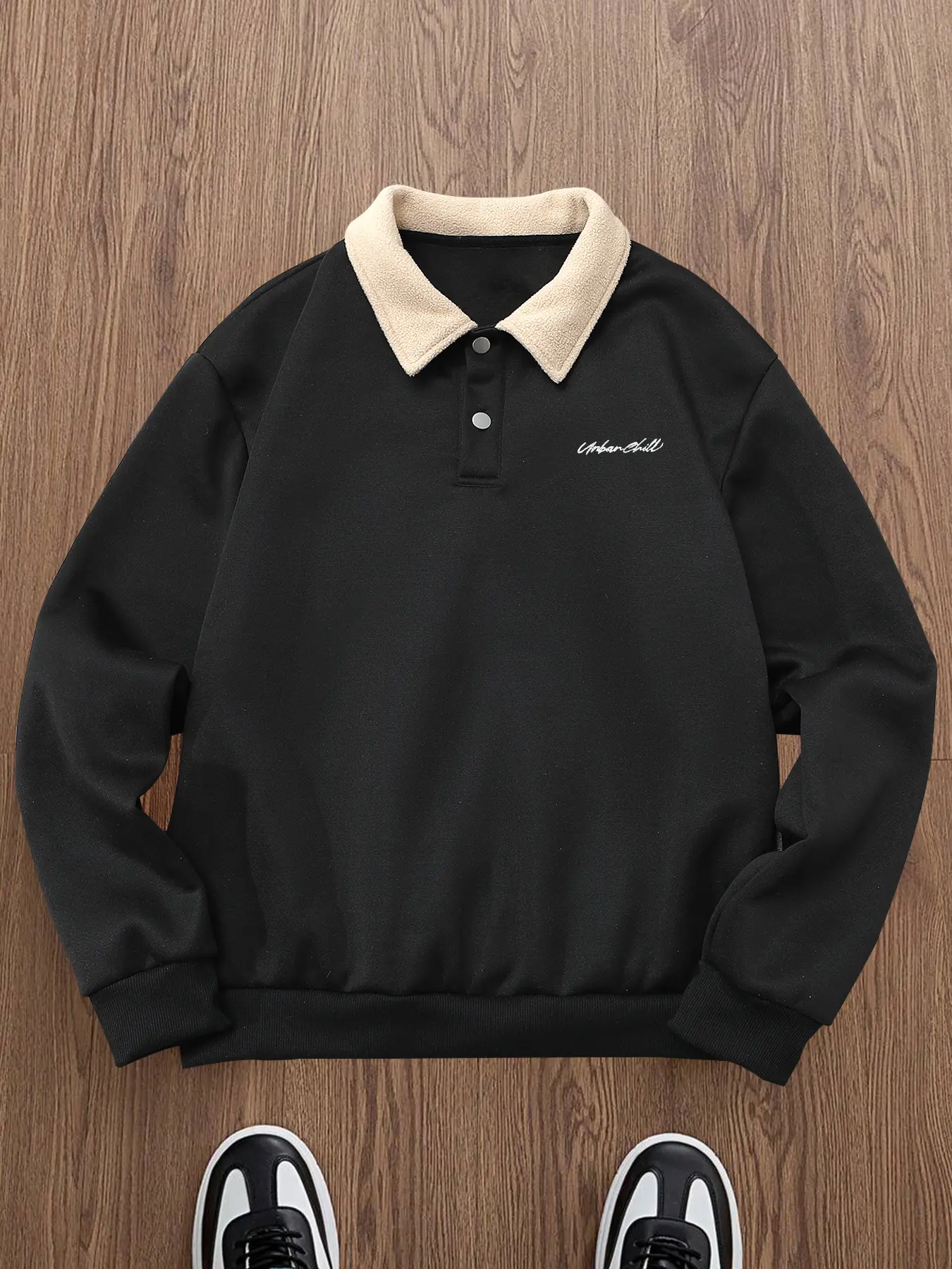 Men's Fall Winter Letter Print Fleece Lined Polo Neck Fitted Long Sleeve Sweatshirt Tops, Casual Warm Sweatshirt, Classic Casual Versatile Pullover, Thick Soft Knit Fabric, Half Button Design