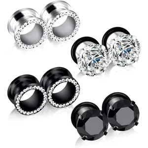 Qmcandy 8pcs / 12pcs 8G-1 inch Stainless Steel Screw Fit Ear Tunnels Single Row CZ Gem Gauge Earrings Piercing