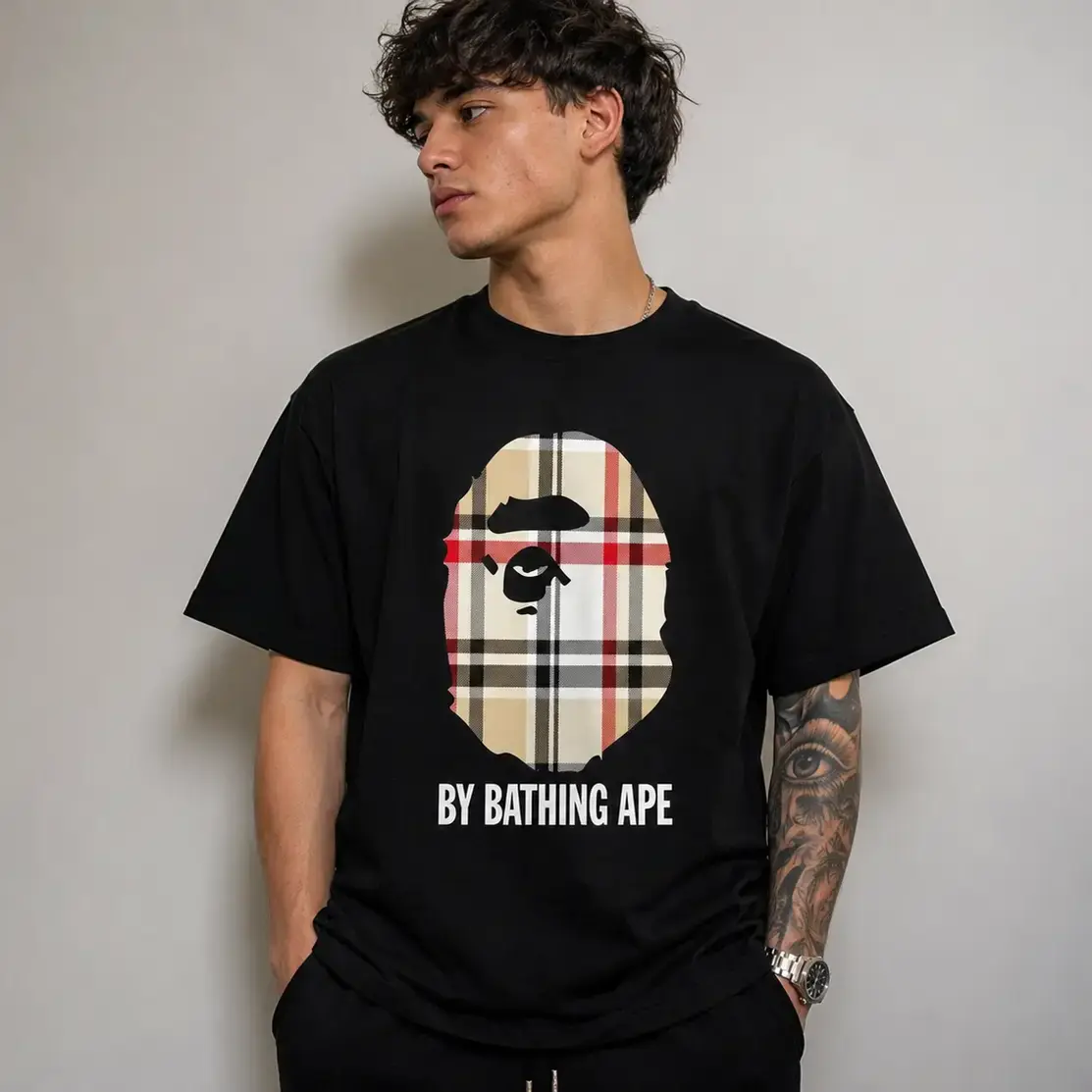 Trendy Aesthetic Short Sleeve Crew Neck Oversized Tee with Iconic Ape Head Design and Plaid Pattern