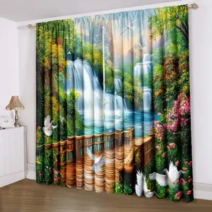 Waterfall & Bird Pattern Door Curtain, Mountain & Water Pattern Light Filtering Curtain, Home Decor for Living Room Bedroom
