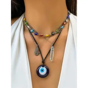 Bohemian Colored Bead Evil Eye Pendant Necklace as a Gift for Girlfriend, Party Fashion Jewelry, Daily Clothing Decoration, Fashionable Full Match Exquisite Jewelry as Birthday Gift, Box Free