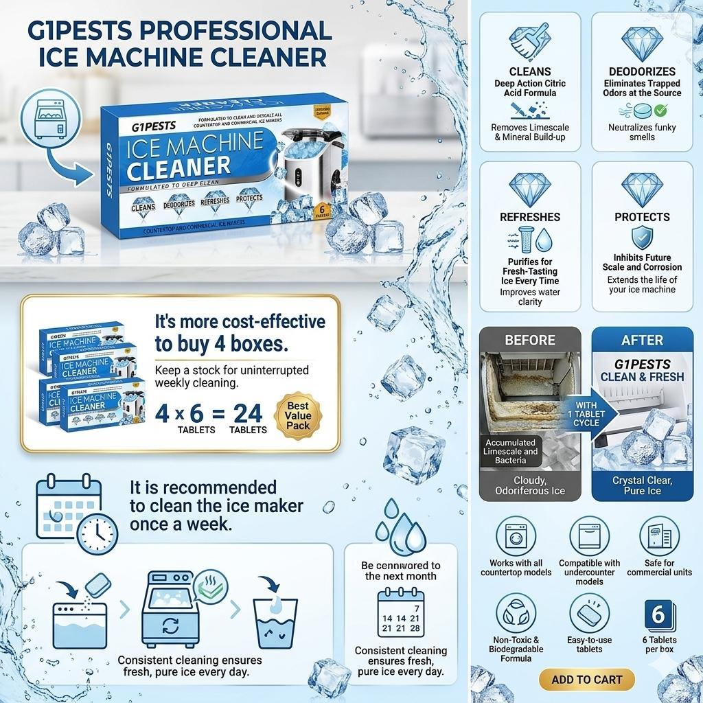 New packaging ice machine cleaner and descaler, 6 pieces, upgraded formula, suitable for household ice machine cleaning. Kitchen-safe descaling tablets, compatible with all types of household ice makers.
