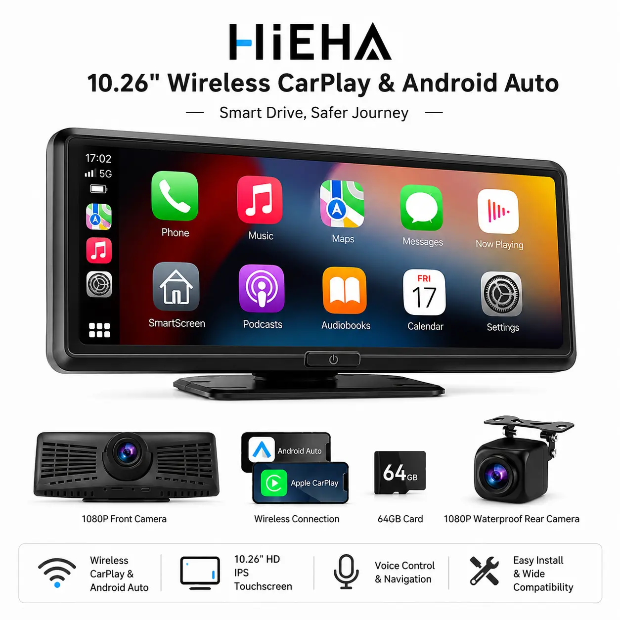 # HIEHA 8.1" Portable Wireless CarPlay Display with 2K Dash Camera and 1080P Rear Camera