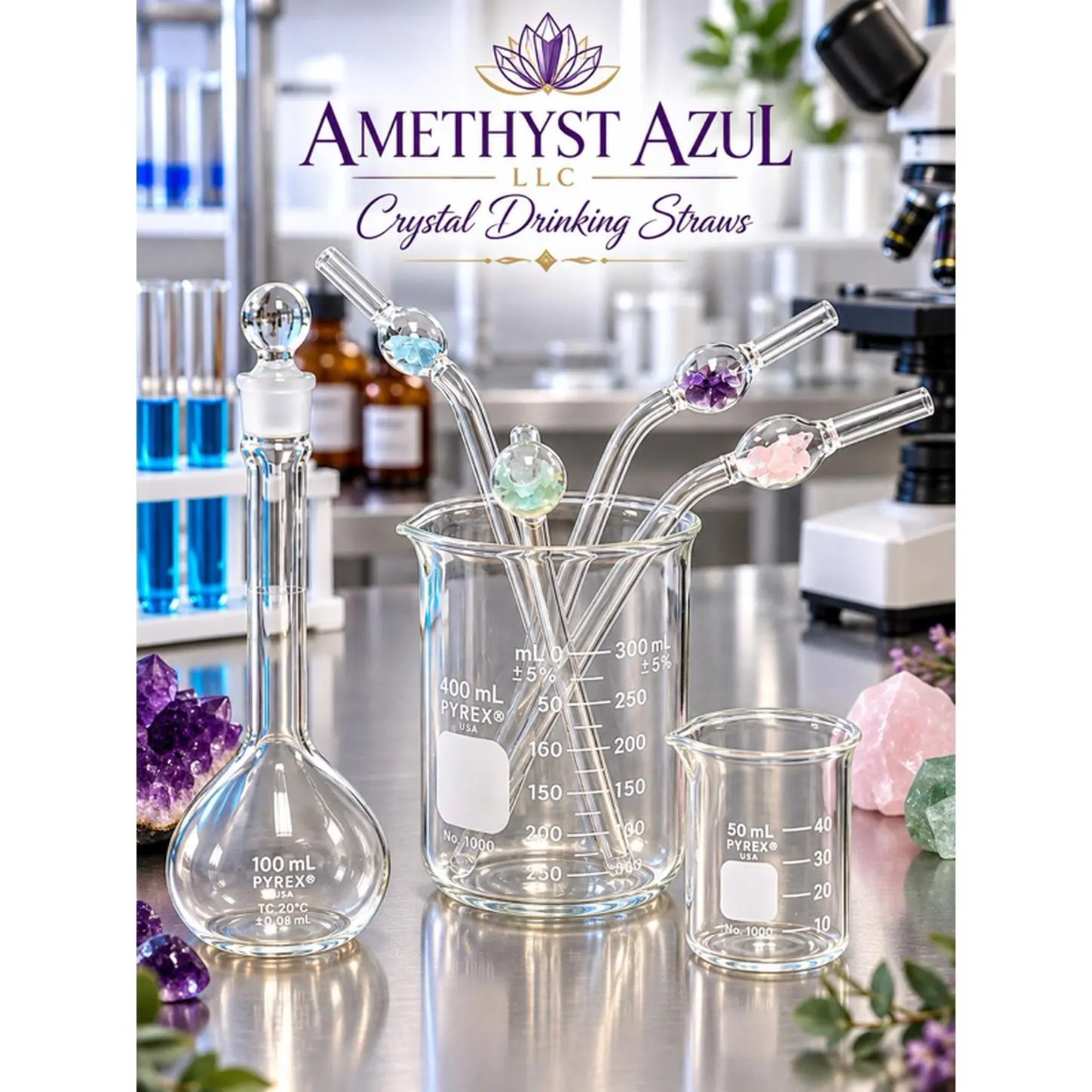 AMETHYST AZUL LLC Elixir Collection Bend Bubble Shape Crystal Drinking Straws with Aquamarine Green Aventurine Rose Quartz & Amethyst for Serenity Prosperity Love & Protection