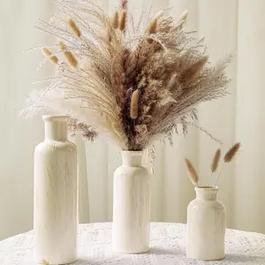 Pampas Grass with Vase Set - 3 Beige White Ceramic Vases with  Dried Pampas, Bunny Tails & More - Neutral Farmhouse Decor for Fireplace, Home, Mantel, Entryway, Kitchen & Boho Table Centerpiece