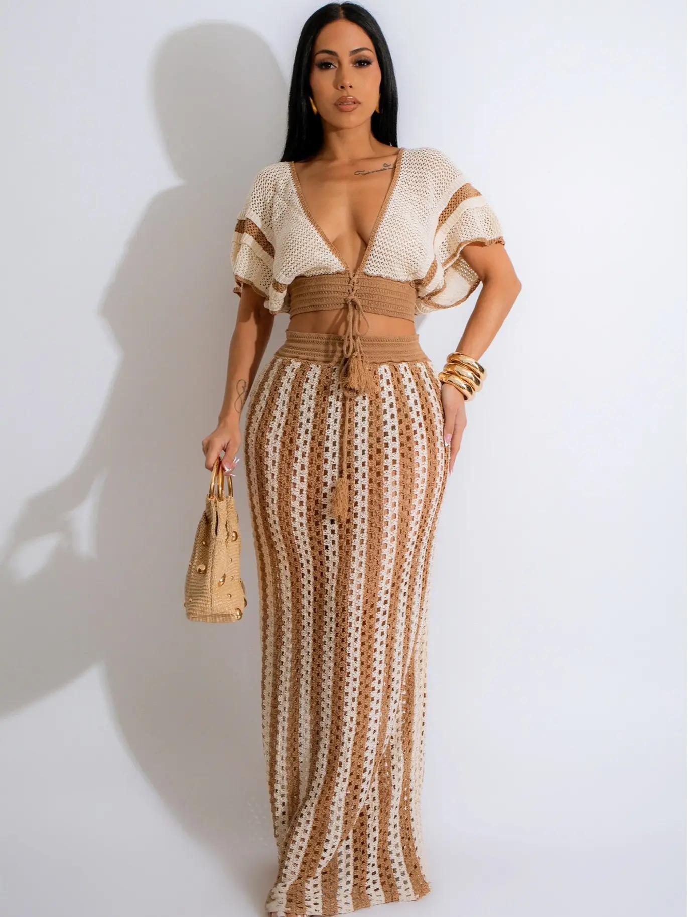 Skirt Sets Women 2 Piece Outfits Swimsuit Cover-up, Crochet Crop Tops and Striped Maxi Skirt Vacation Outfit Hawaiian outfit Featuring an openwork knit texture design Suitable for vacations, beaches, and cruises Valentine's Day