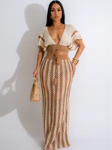 Skirt Sets Women 2 Piece Outfits Swimsuit Cover-up, Crochet Crop Tops and Striped Maxi Skirt Vacation Outfit Hawaiian outfit Featuring an openwork knit texture design Suitable for vacations, beaches, and cruises Valentine's Day