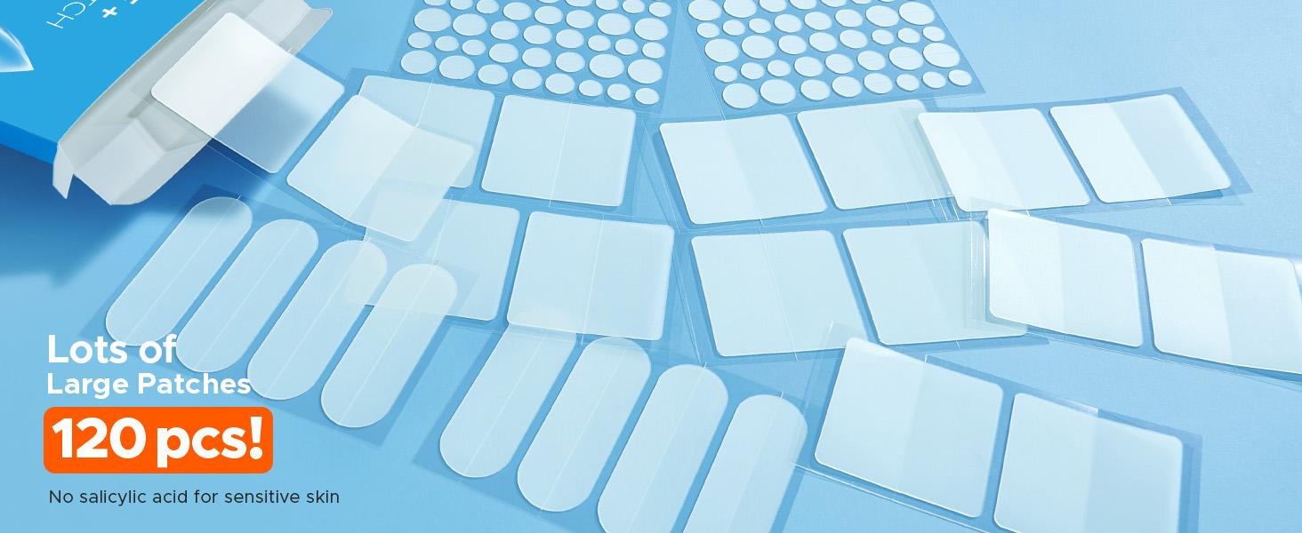 TKTK Hydrocolloid Bandages, 45 x 45 mm Large Pimple Patches for Face, XL Acne Patches for Body, Back, Forehead, Cheek Zit Breakouts, Big Hydrocolloid Patch (Square, Strip, Dot 5 Sizes 120 Count)