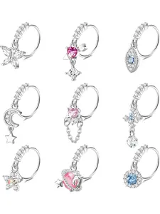 Dazzling 9 Pcs Colorful Hoop Nose Rings Copper Piercing Dangle Nose Rings Hoops for Women Men Cute Butterfly Heart Arrow Evil Eye Moon Star CZ Dangle Nose Rings Cartilage Earring Dangling Nose Piercing Jewelry