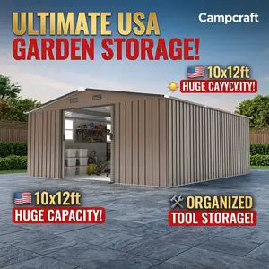 Campcraft 10x12ft 0.25mm Color Steel Plate Storage Shed with Two Daylight Windows & Protective Film for Outdoor Garden Tool Storage & Pet Shelter