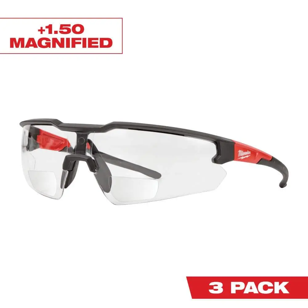 Clear +1.50 Bifocal Safety Glasses Magnified Anti-Scratch Lenses (3-Pack)
