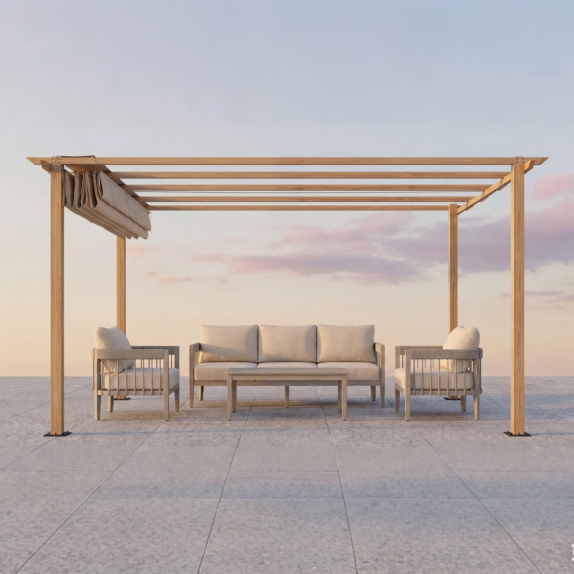 SEEHILL 10' X 10' Faux Wood Grain Aluminum Outdoor Retractable Pergola Canopy, Patio Pergola Outdoor Pergola with Sun Shade Canopy, Metal Gazebo with Adjustable Canopy Roof for Backyard Beach, Beige