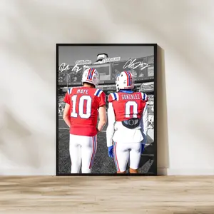 Drake Maye and Christian Gonzalez Art Print Poster New England Football Poster Wall Decor
