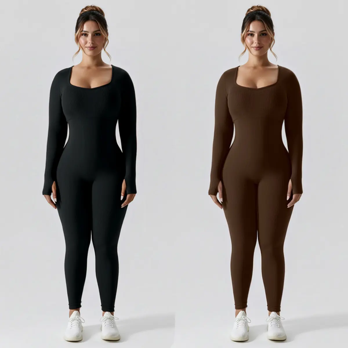 Women's Ribbed Knit Seamless Square Neck Long Sleeve Bodycon Yoga Jumpsuit, Butt-Lifting Athletic Style Activewear for Gym Workouts, Workout Gym Clothing, Fitness Sport Outfits, Polyester, Jumpsuits For Women