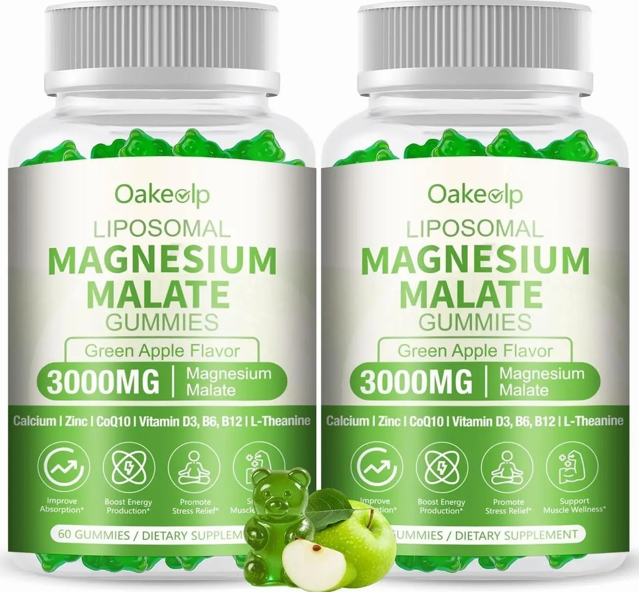 2 Pack 3000mg Liposomal Magnesium Malate Gummies,Complex Creatine Monohydrate,Folate, Active B12 & D3, L-Theanine & CoQ10, for Stress Relief,Methylation, Energy, Muscle & Calm