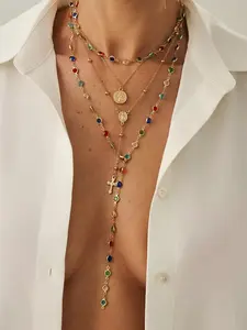 4-piece Bohemian Multi Layer Colored Gemstone Necklace | Y2K Cross Long Pendant Necklace Set Suitable for Summer Beach Dress, with a Unique Design Sense