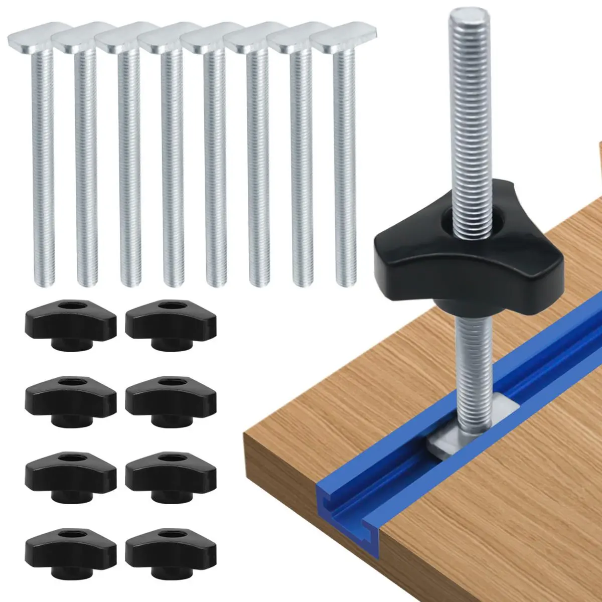 T Bolt Knob Kit, Miter Track Sliding Nut T-Slider T Slot T Bolt and Nut Set, Woodworking Tool Jigs Screw Fixture for Workbench T-slot Suitable for 1/4" and Universal T-track Hardware