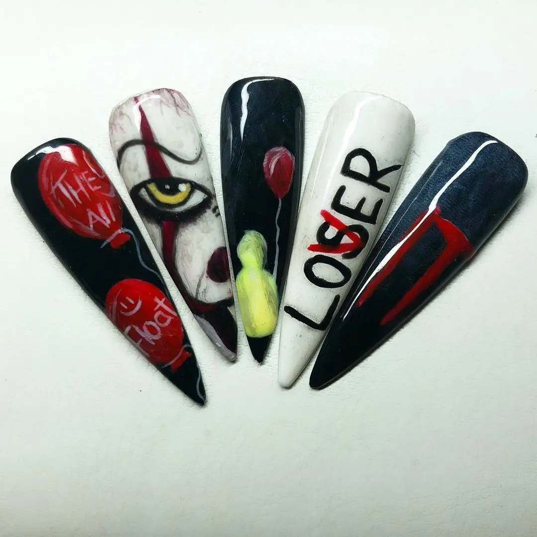 cITo Inspired Press On Nails Handmade Horror Stiletto Red Balloon Clown Gothic Halloween Reusable False Nails | FREE Adhesive Tabs FREE Nail File FREE Cuticle Stick