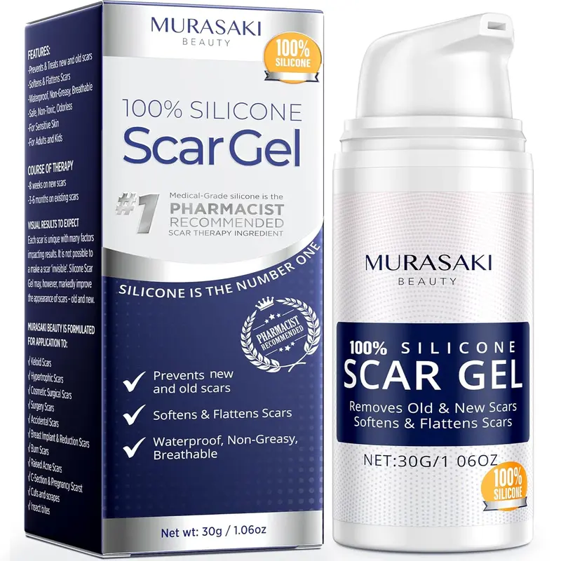 Murasaki Beauty 100% Silicone Scar Removal Gel - Advanced 1.06oz Formula for Surgical, C-Section, Stretch Mark, Acne, Burn, Keloid Concerns (Old & New), Scar Removal Gels