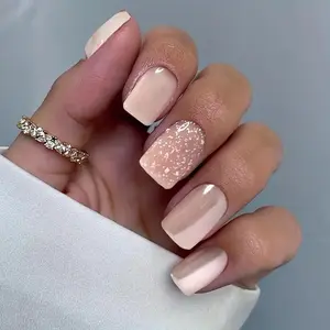 24pcs Sweet Fake Nails, Tender Pink Press On Nails With Snowflake Sequin Glue On Nails, Full Cover Short Square False Nails For Women Girls Daily Wear Manicure Nail Art Nail Care Nail Polish