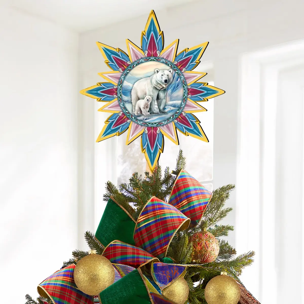 G. Debrekht 89509 1-Piece UV-Coated Lightweight Wooden Polar Bear with Cub Star Christmas Tree Topper, Artistic Ornament for Farmhouse Traditional Holiday Home Decor, Ornaments