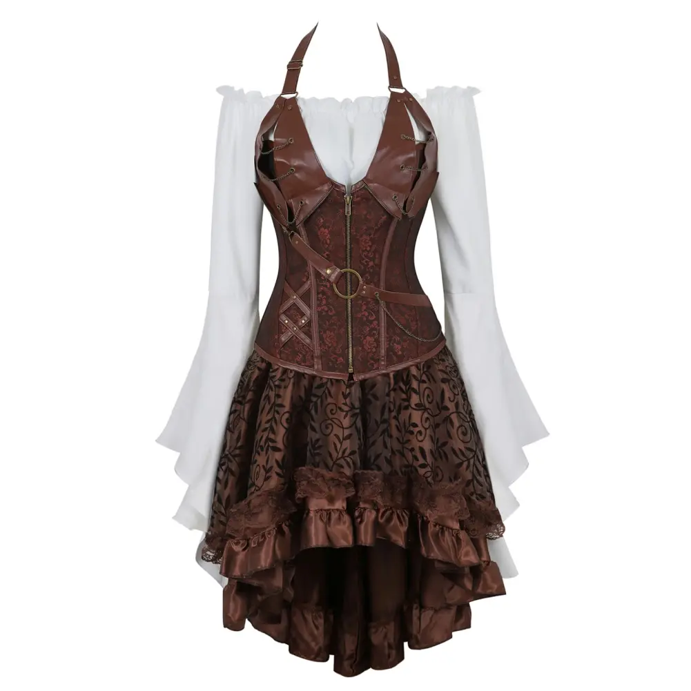 Steampunk Corset Dress Set Gothic Faux Leather Corset Top With Renaisance Blouse and High Low Lace Skirt for Halloween Pirate Cosplay Women Outfits