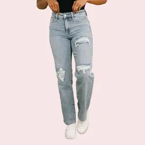 Judy Blue Mid Rise Patch Distressed 90's Straight Leg Raw Hem Jeans 881010, Stretchy Cotton Denim Womenswear Chic Bottom