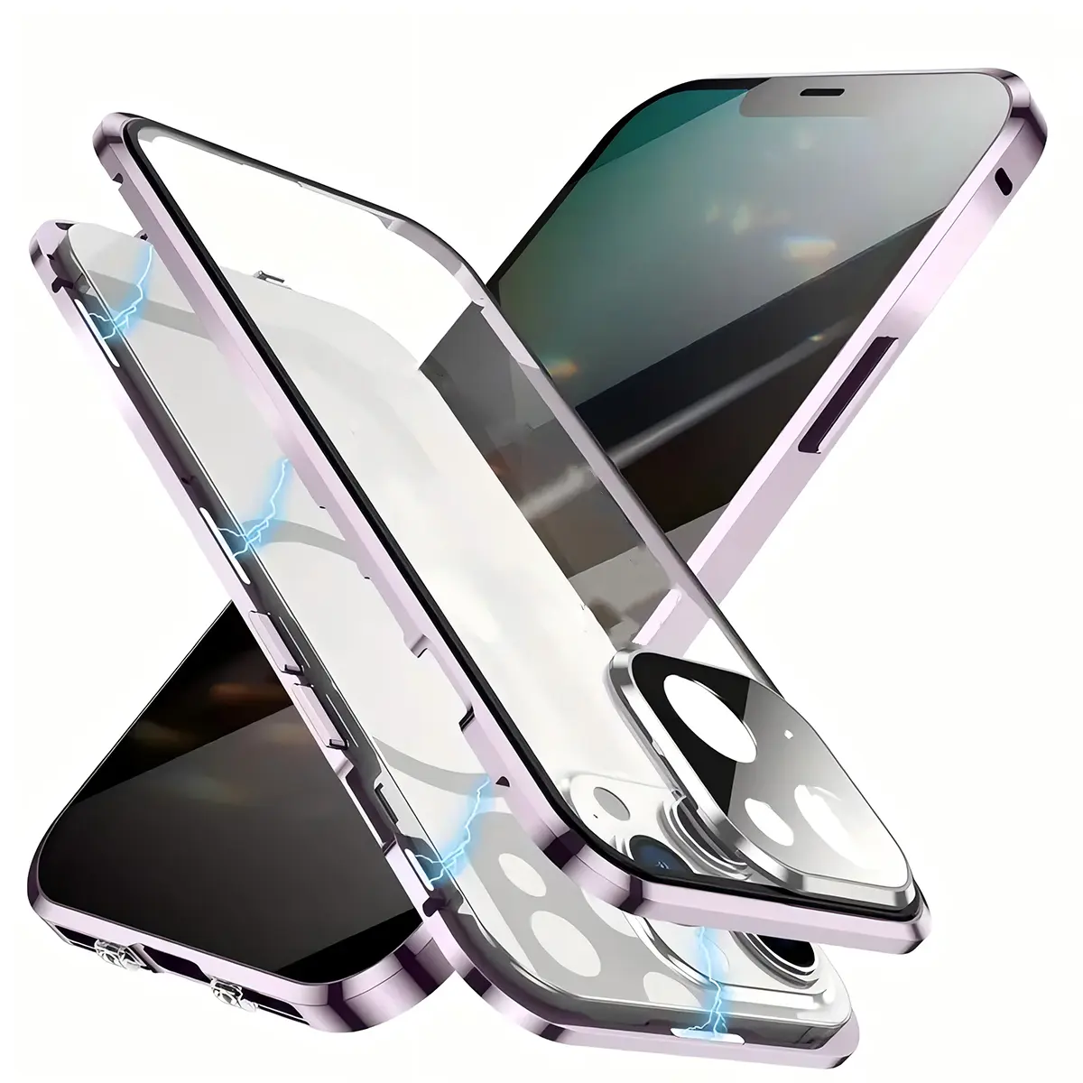 Protective 360-Degree Smartphone Case for iPhone 15/14/13/12 Pro Max/Plus (6.1-6.7in) - Magnetic Metal Bumper, Front Glass Screen Protector, Polycarbonate Back Cover, Mobile Phone Accessory