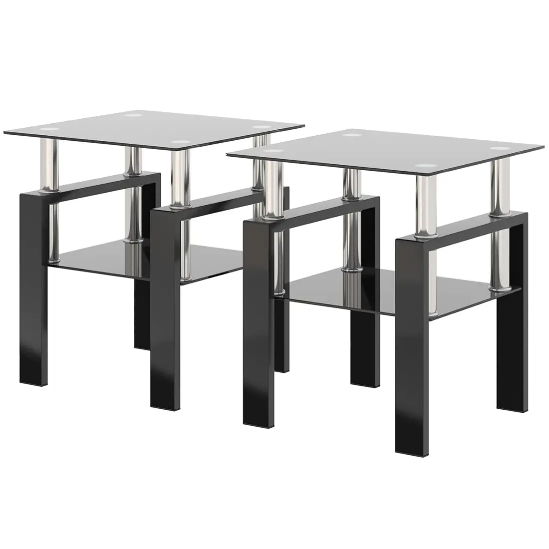 Glass End Table Square Tempered Glass Side Table Set of 2, 2-Tier Modern Nightstand with Metal Legs for Living Room&Bedroom