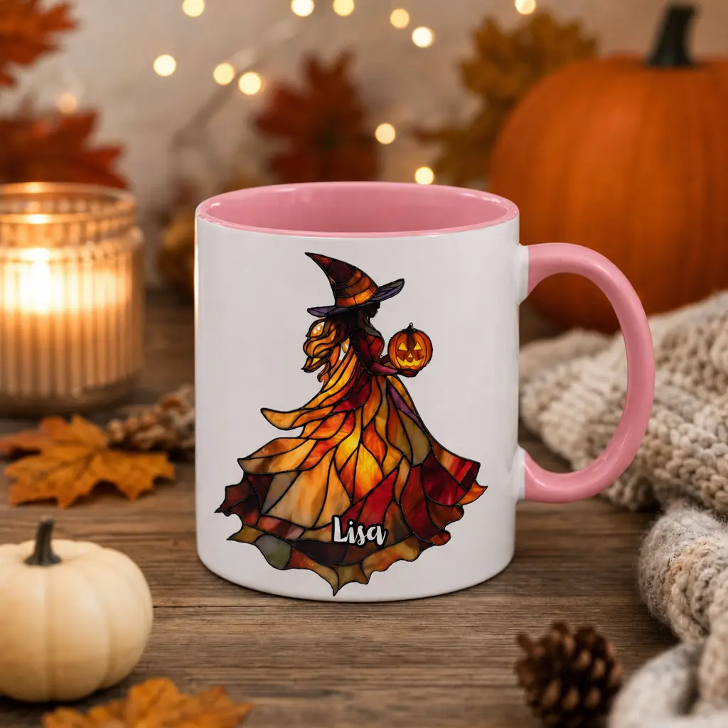 Personalized Halloween Witch Mug, Stained Glass Witch Coffee Cup, Custom Name Halloween Mug, Pumpkin Witch Mug, Fall Gift for Her, Spooky Coffee Cup