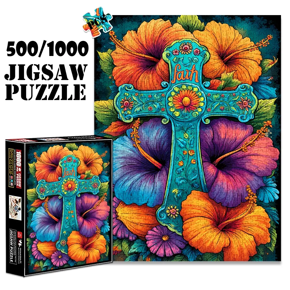 1pc 1000 piece adult puzzle 70x50cm Floral - Embellished Cross with the Word "Faith" and Hibiscus Flowers 500 pieces paper jigsaw puzzle suitable for DIY creative games for adults and families, b