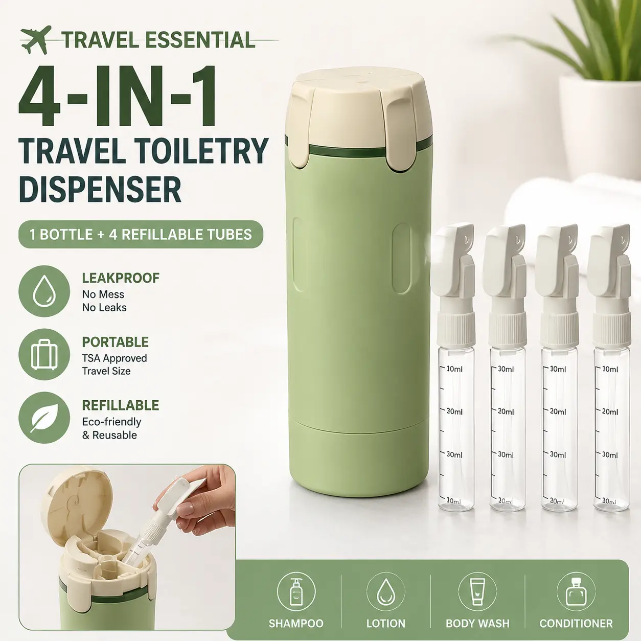 4-in-1 Refillable Dispenser Bottle with 4 Silicone Tubes, Leakproof Storage Container for Shampoo, Conditioner, Lotion & Body Wash, Portable Bathroom Organizer for Home and Travel