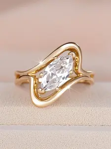 Gold Color Geometric Shaped Marquise Cut Ring with Marquise Synthetic Zircon, Perfect Birthday or Anniversary Gift, Ideal for Daily Wear and Date Night