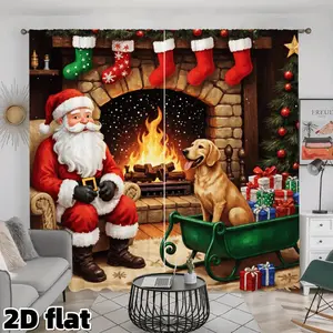 2D Flat 2Pcs Christmas Fireplace Scene Curtain Panels, Festive Santa Dog Print, Semi Sunshade Rod Pocket Design, Holiday Theme Drapes for Living Room Bedroom Kitchen Study Window Decor, Christmas Gift Window Treatment , Preferred Holiday Present,