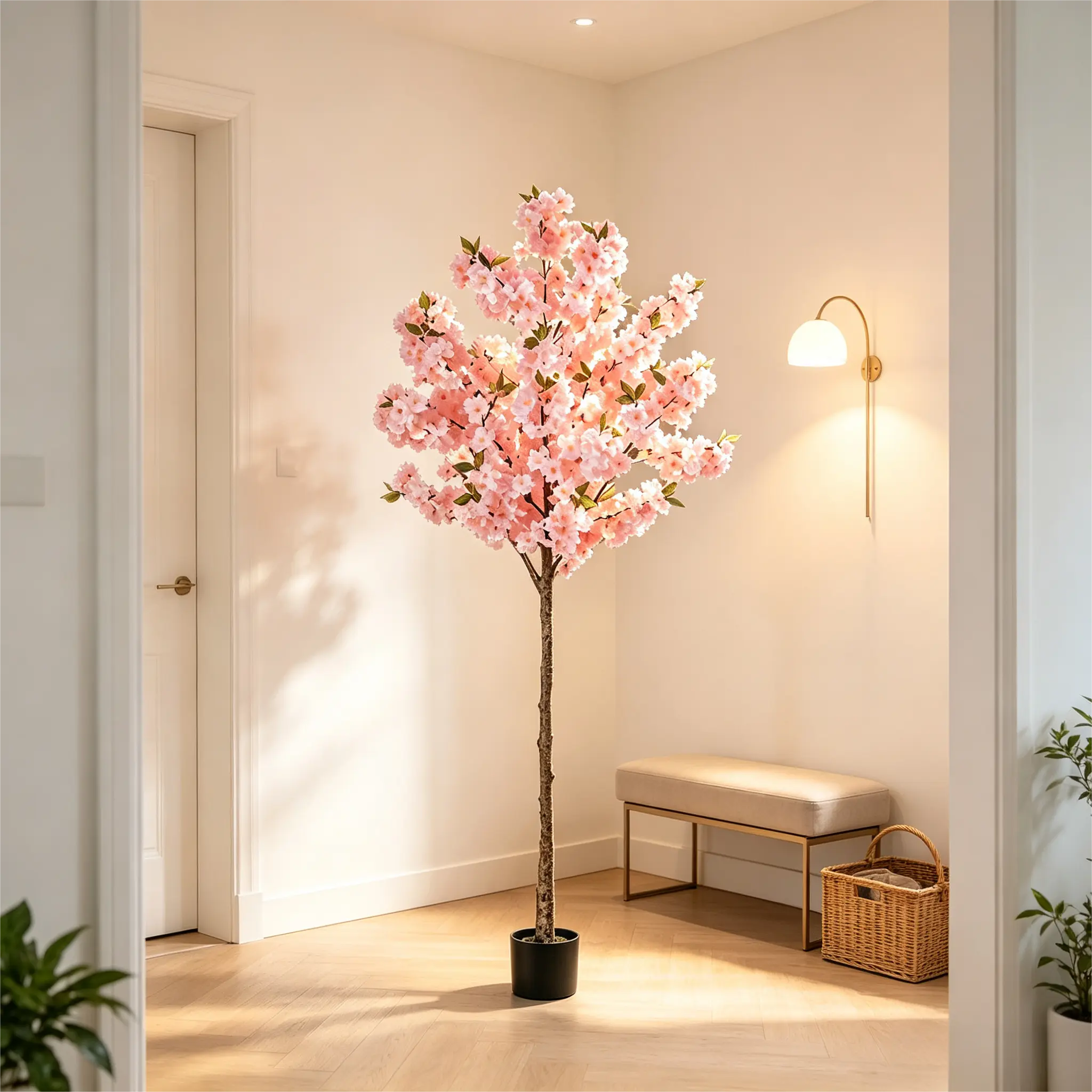 Artificial Cherry Blossom Tree 63 Inch Pink Faux Sakura Floor Plant with Black Pot, UV Resistant Realistic Fake Flower Tree for Night Front Porch Entryway Living Room Office Wedding Christmas Holiday Home Decor