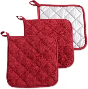 Quilted 100% Cotton, Potholder,  Red, 3 Piece