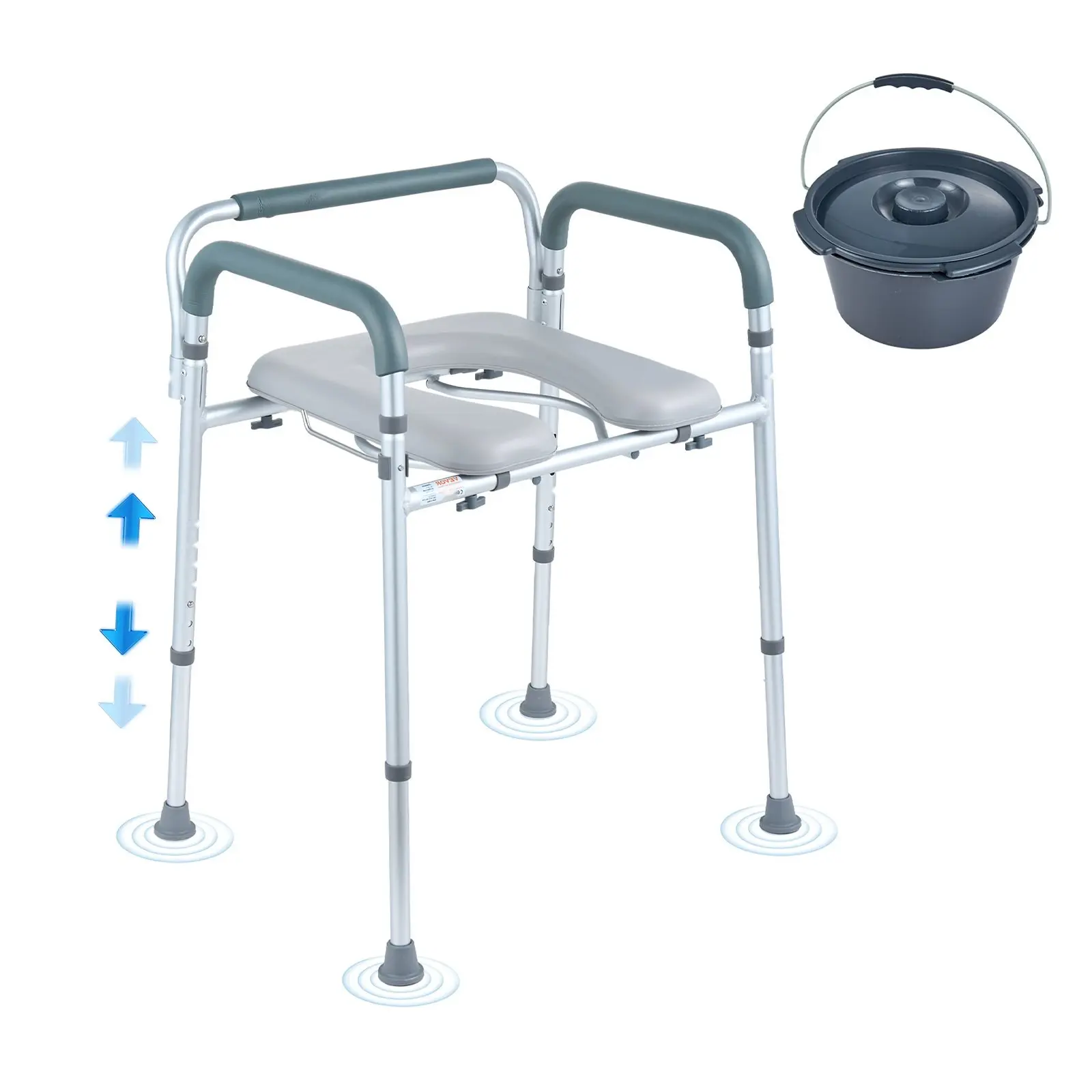 Bedside Commode Chair With Padded Seat And Arms, 7-Level Adjustable Height, 5.8L Removable Bucket, Raised Toilet Seat, Easy To Assemble, 350 Lbs Capacity, Accessible Bathroom Aid For Adults And Seniors