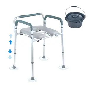 Bedside Commode Chair With Padded Seat And Arms, 7-Level Adjustable Height, 5.8L Removable Bucket, Raised Toilet Seat, Easy To Assemble, 350 Lbs Capacity, Accessible Bathroom Aid For Adults And Seniors